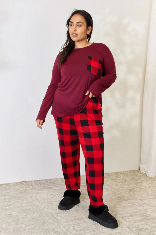 Zenana Full Size Plaid Round Neck Top and Pants Pajama Set - ShalayeFashion