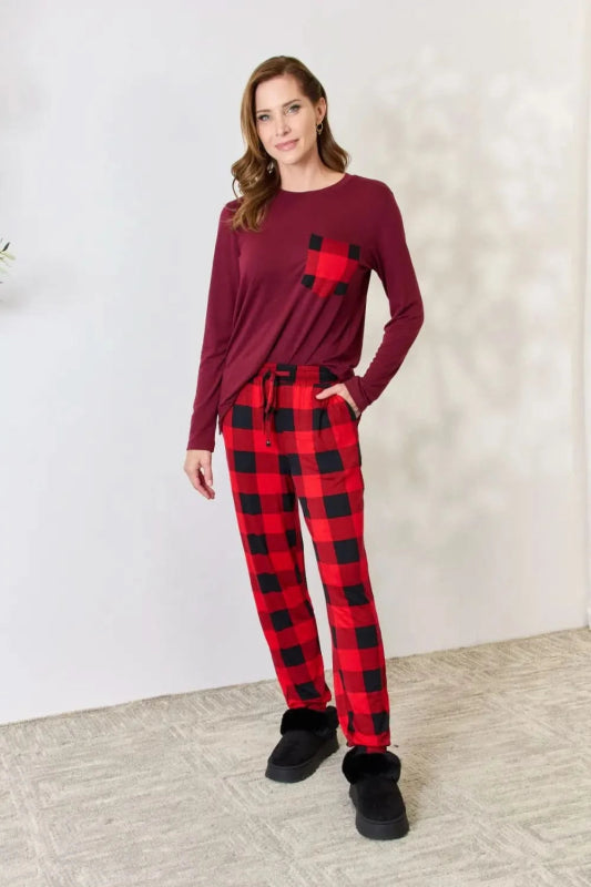 Zenana Full Size Plaid Round Neck Top and Pants Pajama Set - ShalayeFashion