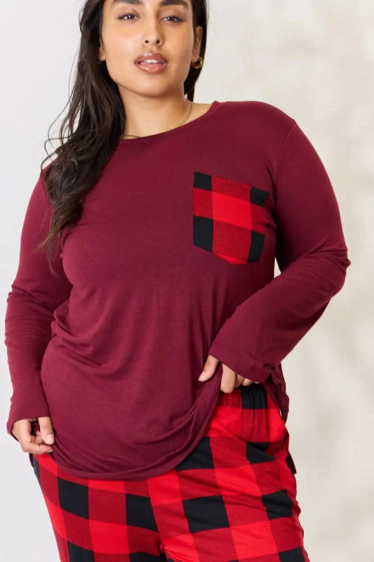 Zenana Full Size Plaid Round Neck Top and Pants Pajama Set - ShalayeFashion