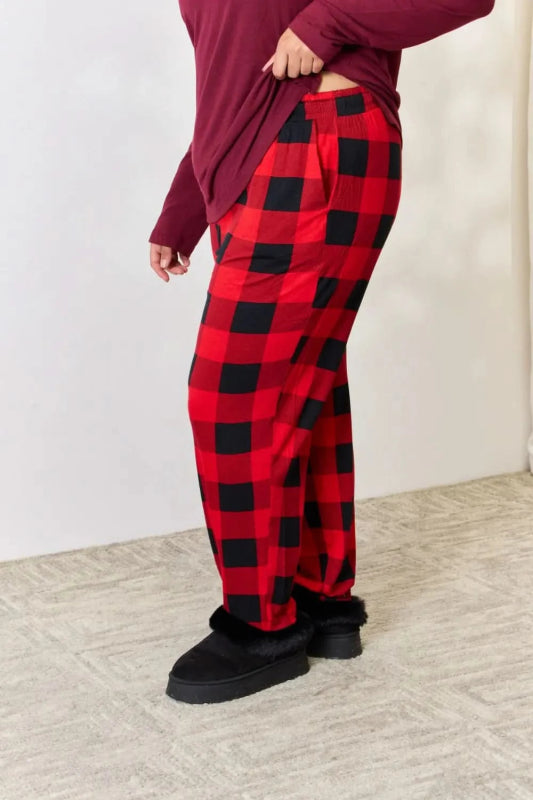 Zenana Full Size Plaid Round Neck Top and Pants Pajama Set - ShalayeFashion