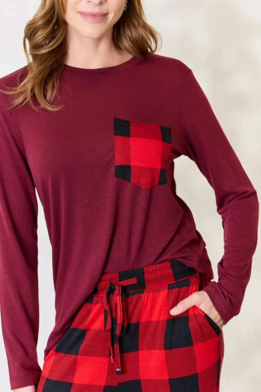Zenana Full Size Plaid Round Neck Top and Pants Pajama Set - ShalayeFashion