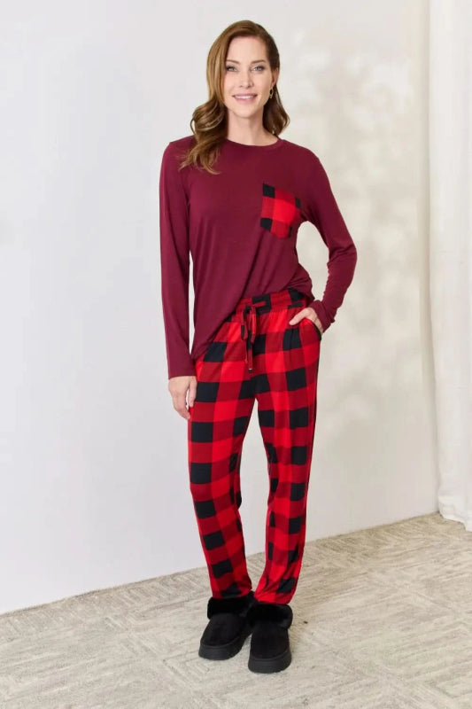 Zenana Full Size Plaid Round Neck Top and Pants Pajama Set - ShalayeFashion