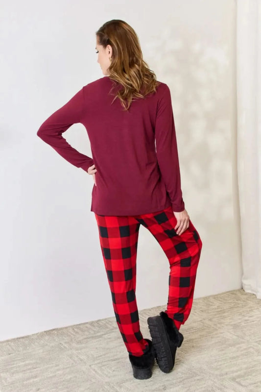 Zenana Full Size Plaid Round Neck Top and Pants Pajama Set - ShalayeFashion