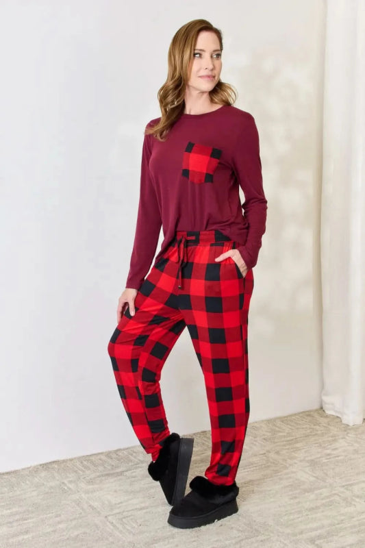 Zenana Full Size Plaid Round Neck Top and Pants Pajama Set - ShalayeFashion