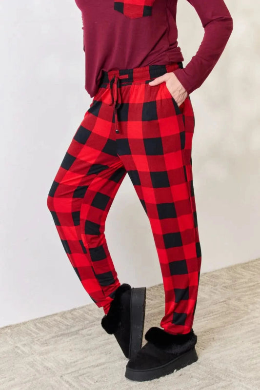 Zenana Full Size Plaid Round Neck Top and Pants Pajama Set - ShalayeFashion