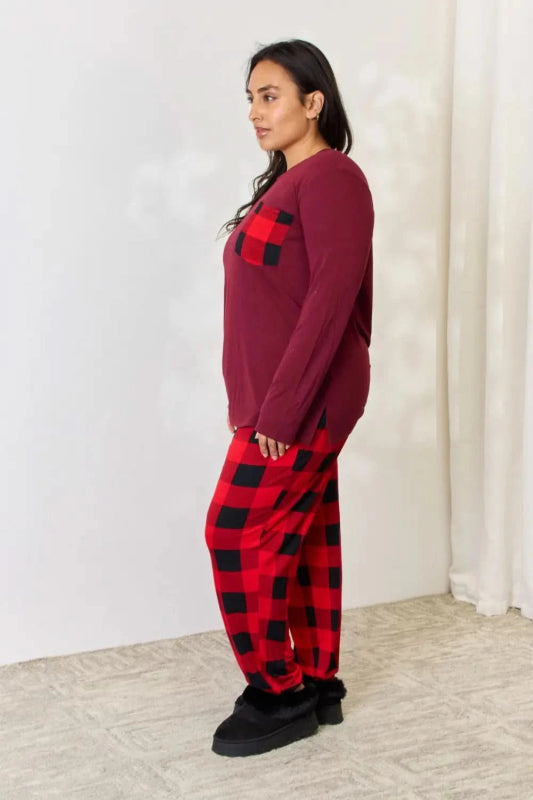 Zenana Full Size Plaid Round Neck Top and Pants Pajama Set - ShalayeFashion