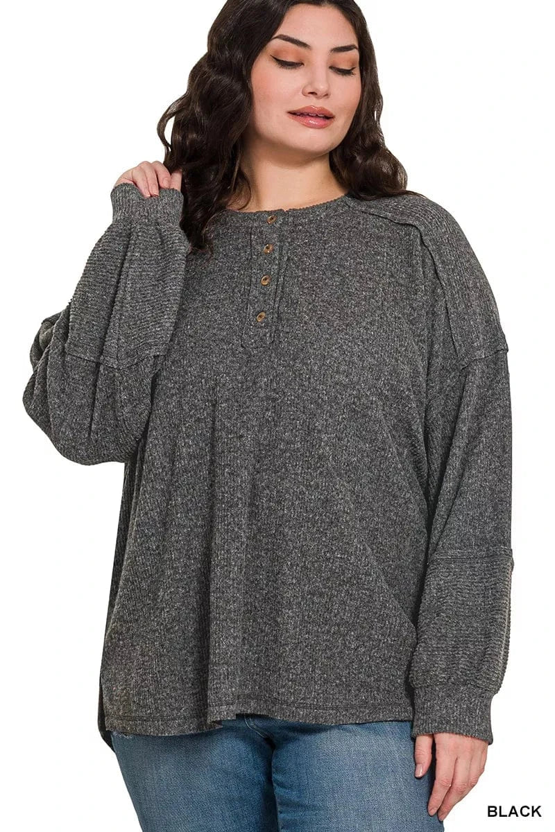 Zenana Full Size Ribbed Brushed Hacci Melange Henley Sweater Plus Size - ShalayeFashion