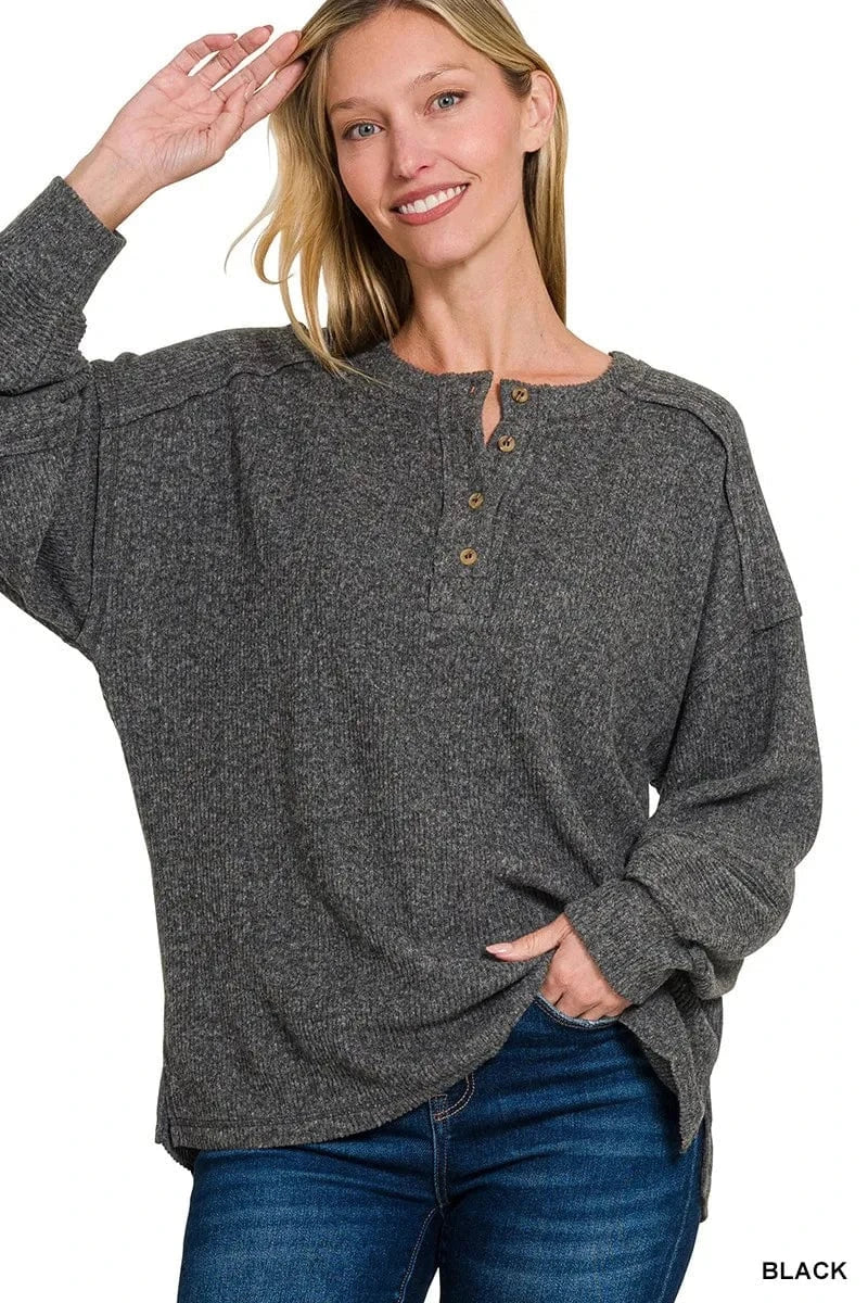 Zenana Full Size Ribbed Brushed Hacci Melange Henley Sweater Plus Size - ShalayeFashion