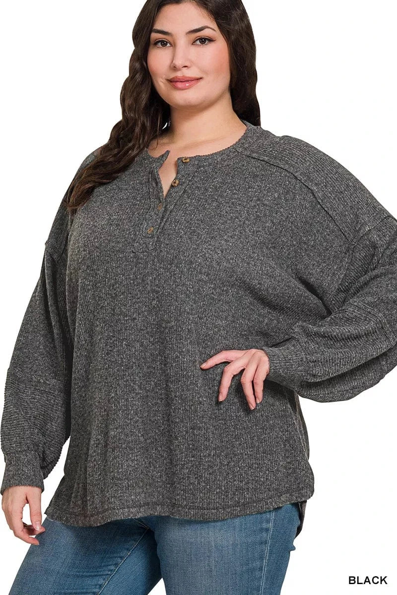Zenana Full Size Ribbed Brushed Hacci Melange Henley Sweater Plus Size - ShalayeFashion
