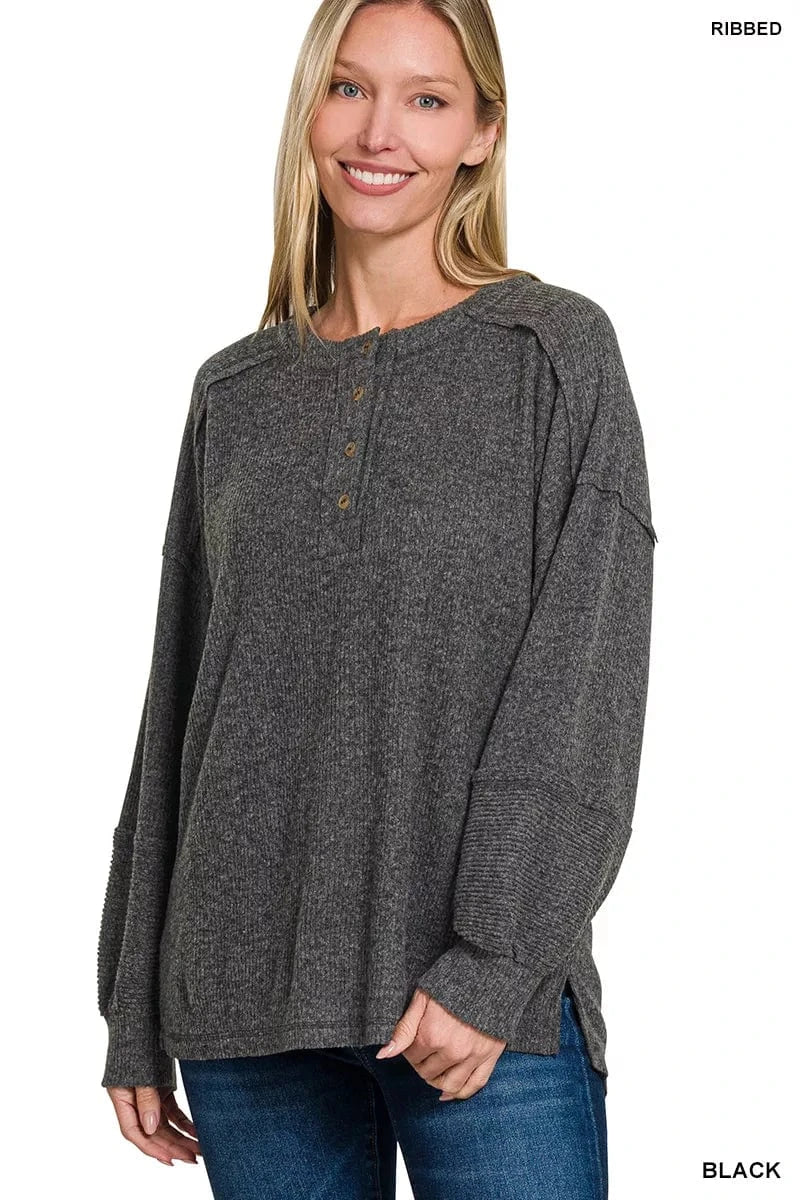 Zenana Full Size Ribbed Brushed Hacci Melange Henley Sweater Plus Size - ShalayeFashion