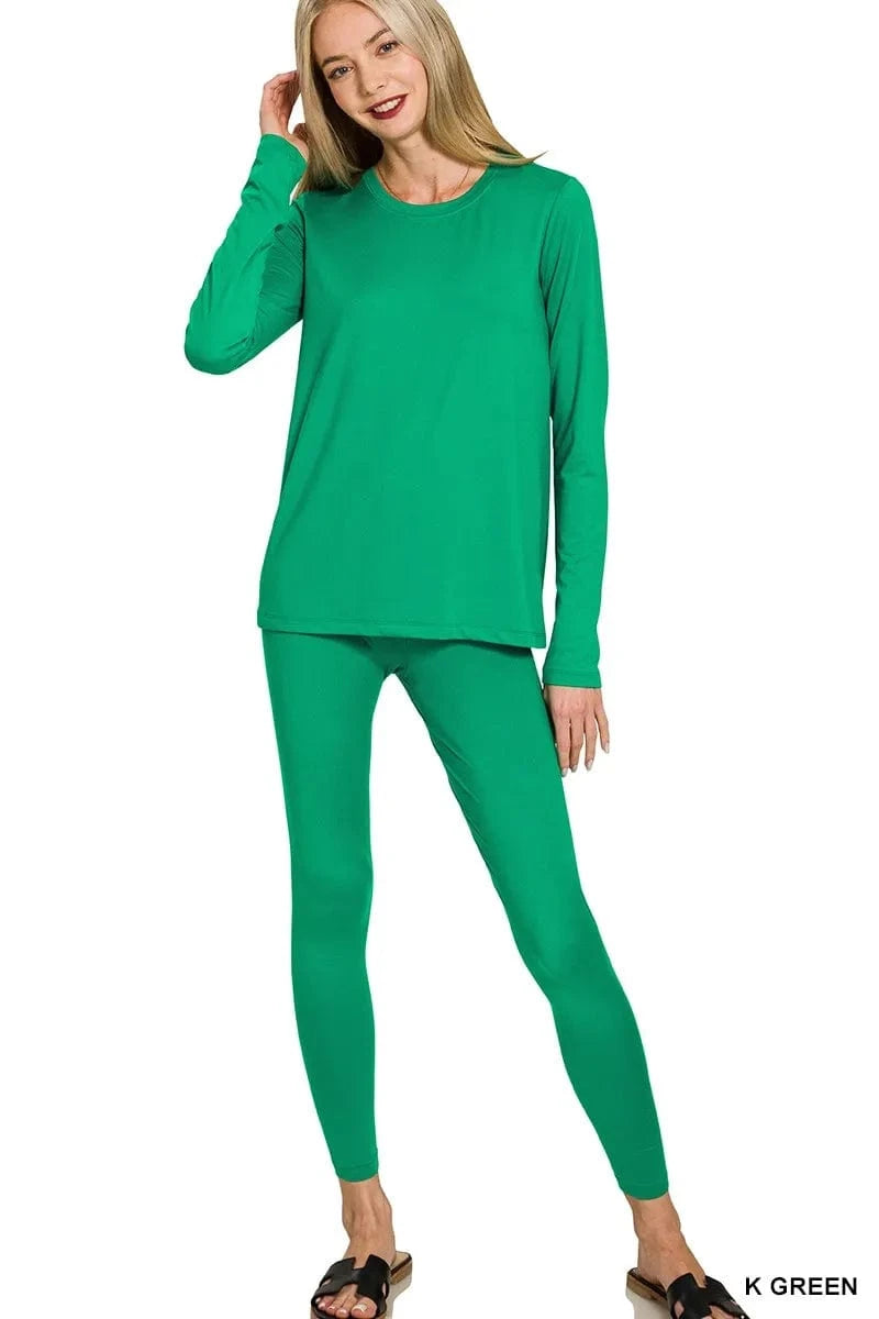 Zenana Microfiber Round Neck Top and Leggings Set - ShalayeFashion