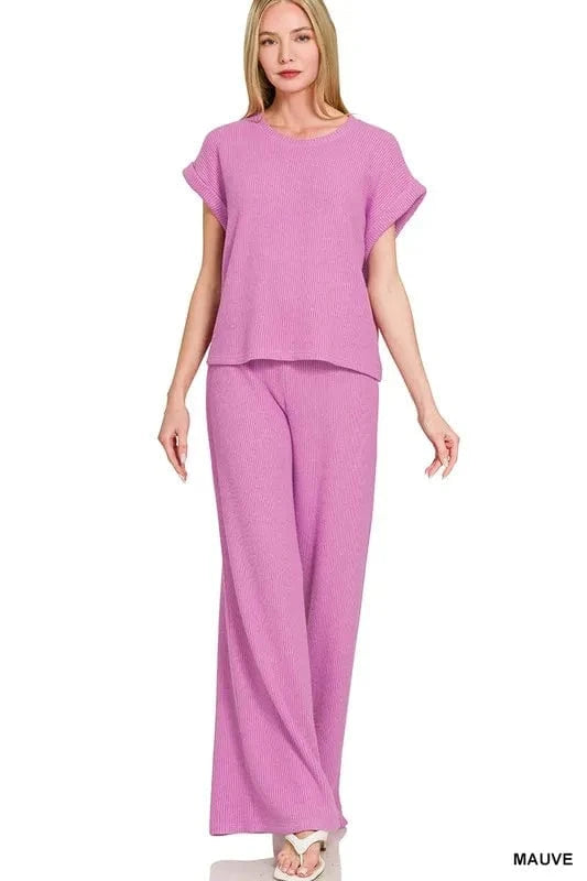 Zenana Rolled Sleeve Top and Pants Sweater Set - ShalayeFashion
