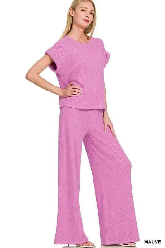 Zenana Rolled Sleeve Top and Pants Sweater Set - ShalayeFashion