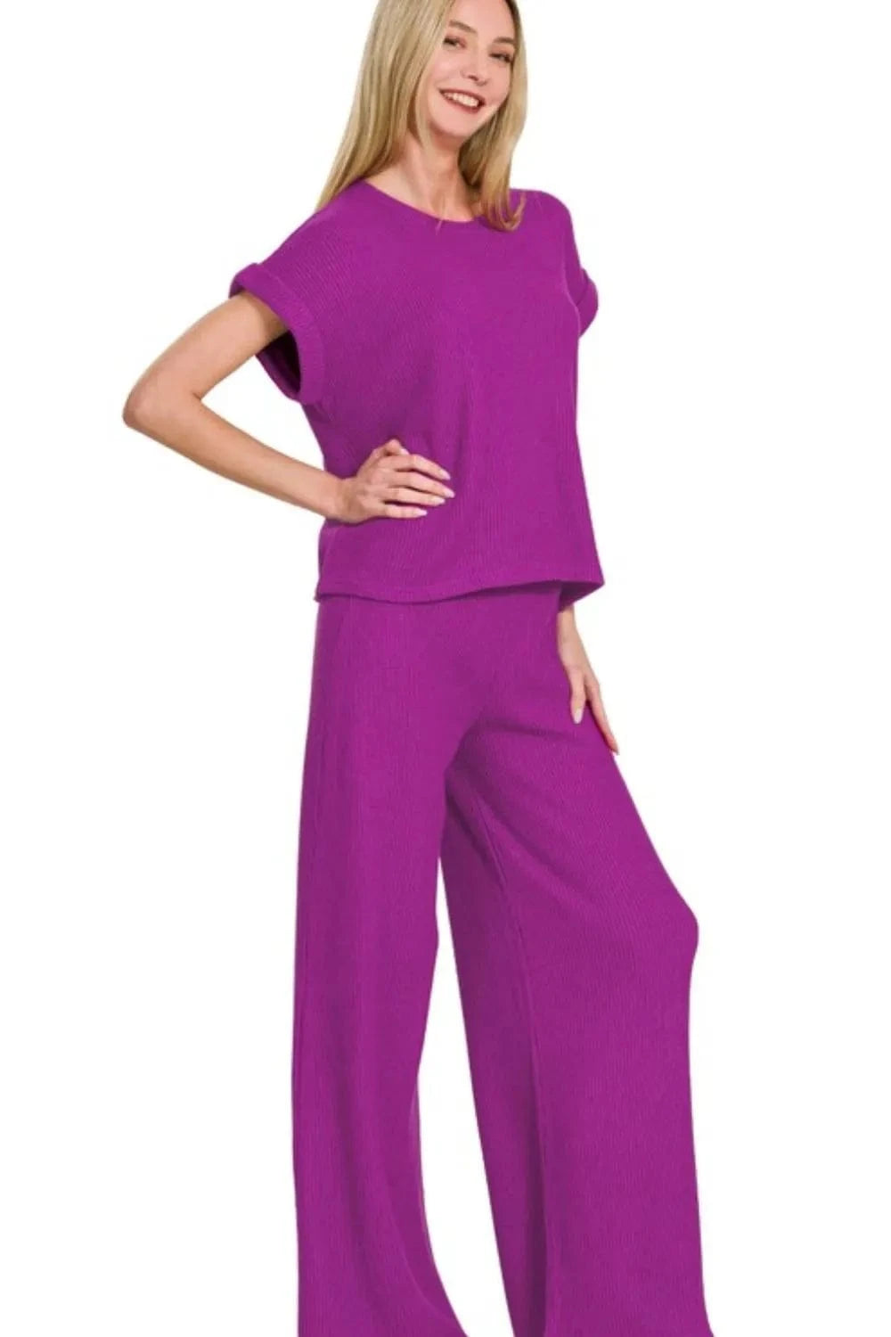 Zenana Rolled Sleeve Top and Pants Sweater Set - ShalayeFashion