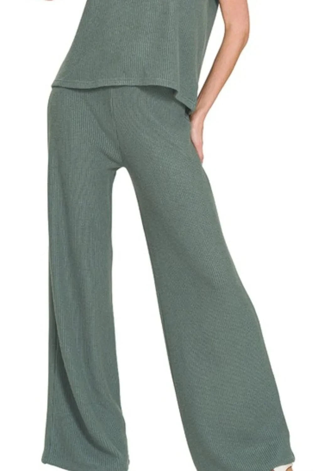 Zenana Rolled Sleeve Top and Pants Sweater Set - ShalayeFashion