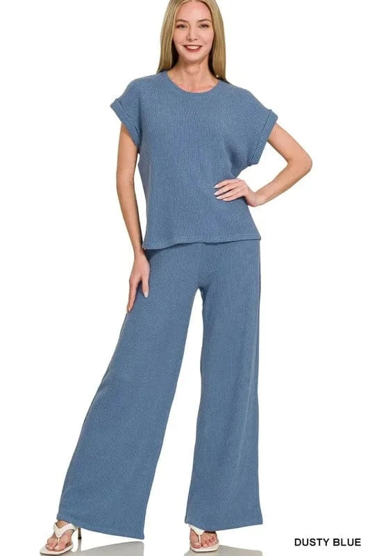 Zenana Rolled Sleeve Top and Pants Sweater Set - ShalayeFashion