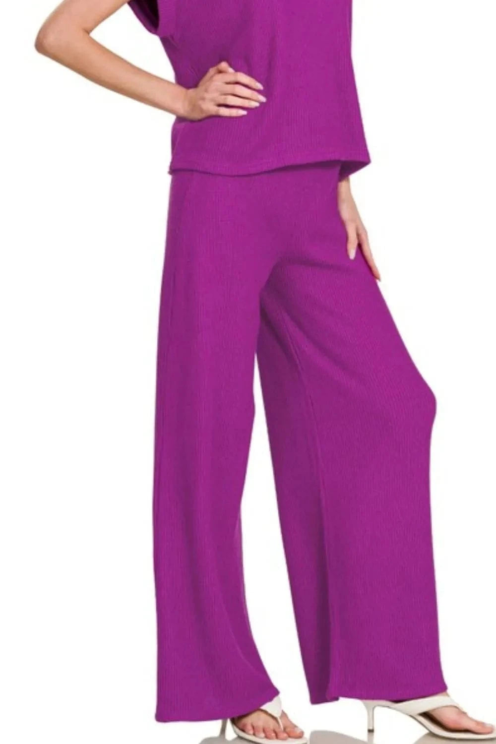Zenana Rolled Sleeve Top and Pants Sweater Set - ShalayeFashion