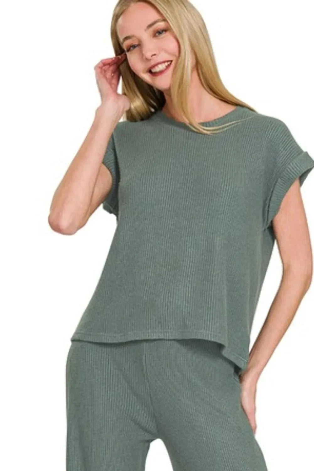 Zenana Rolled Sleeve Top and Pants Sweater Set - ShalayeFashion