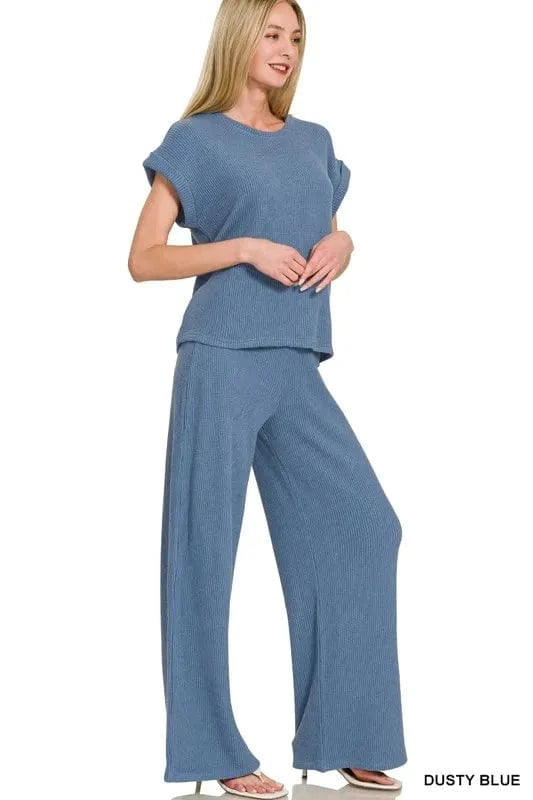 Zenana Rolled Sleeve Top and Pants Sweater Set - ShalayeFashion