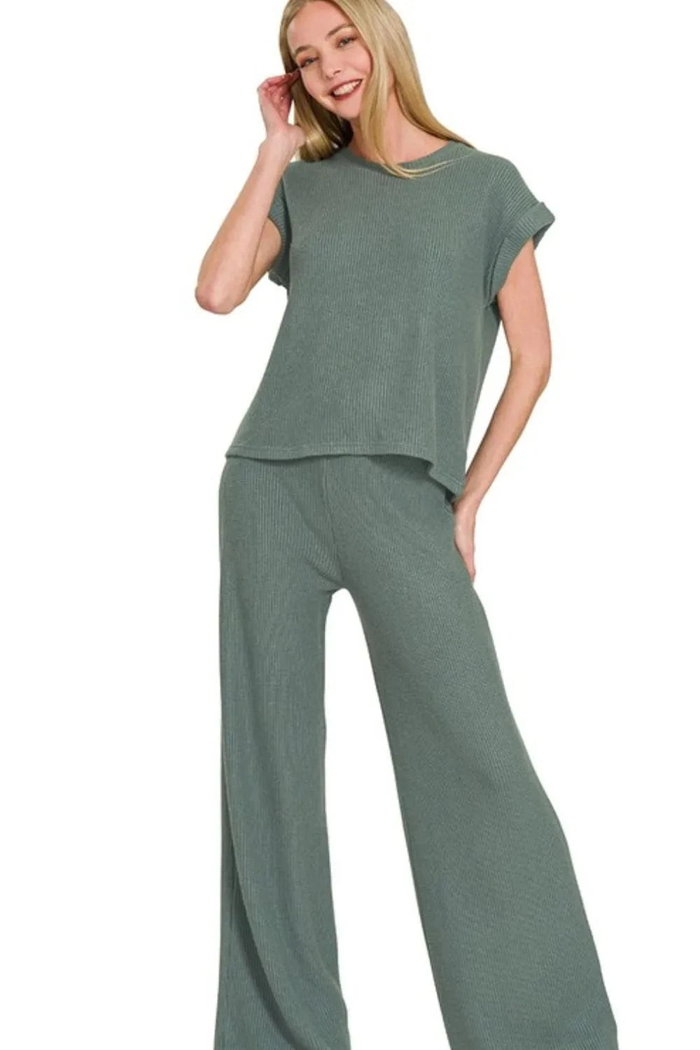 Zenana Rolled Sleeve Top and Pants Sweater Set - ShalayeFashion