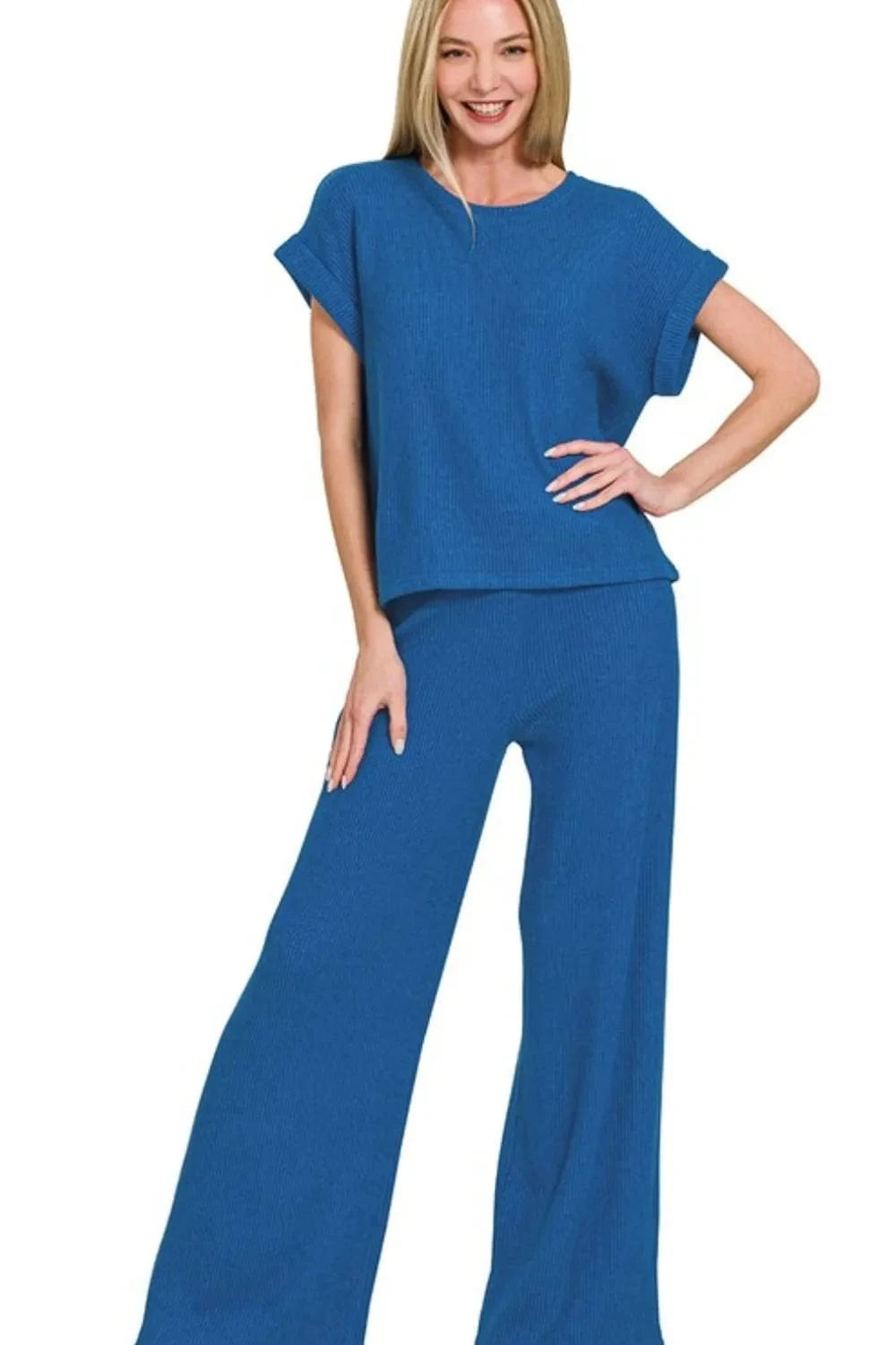 Zenana Rolled Sleeve Top and Pants Sweater Set - ShalayeFashion