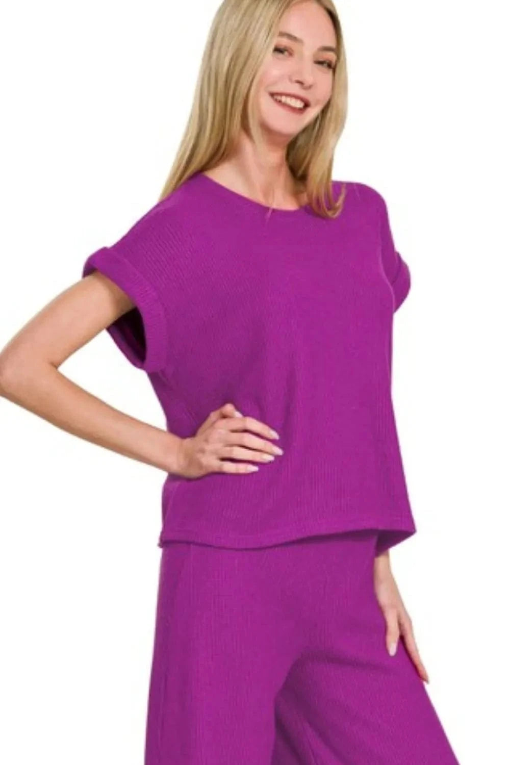 Zenana Rolled Sleeve Top and Pants Sweater Set - ShalayeFashion