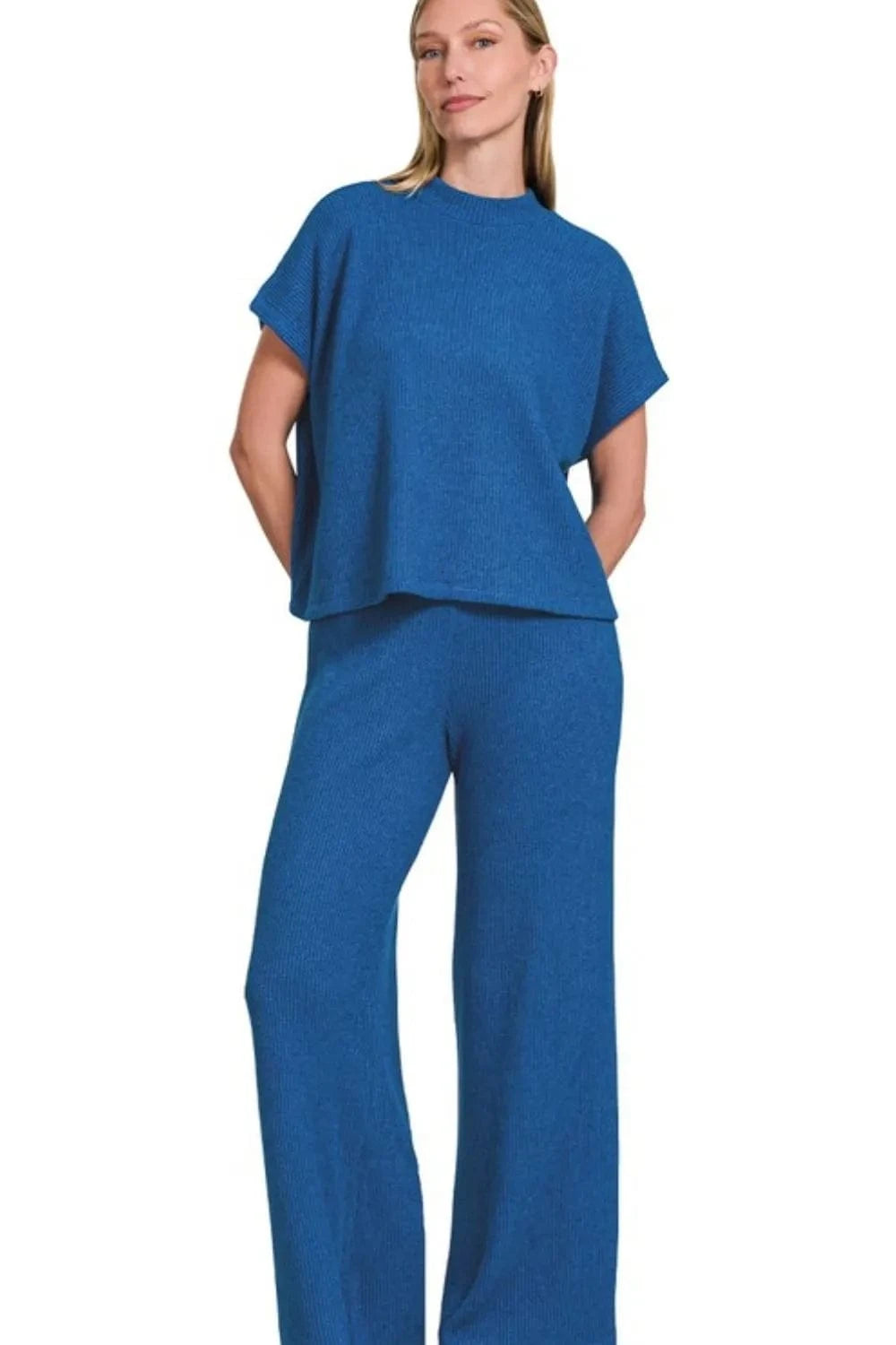 Zenana Rolled Sleeve Top and Pants Sweater Set - ShalayeFashion