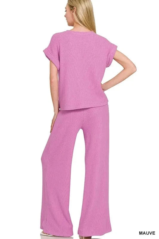 Zenana Rolled Sleeve Top and Pants Sweater Set - ShalayeFashion