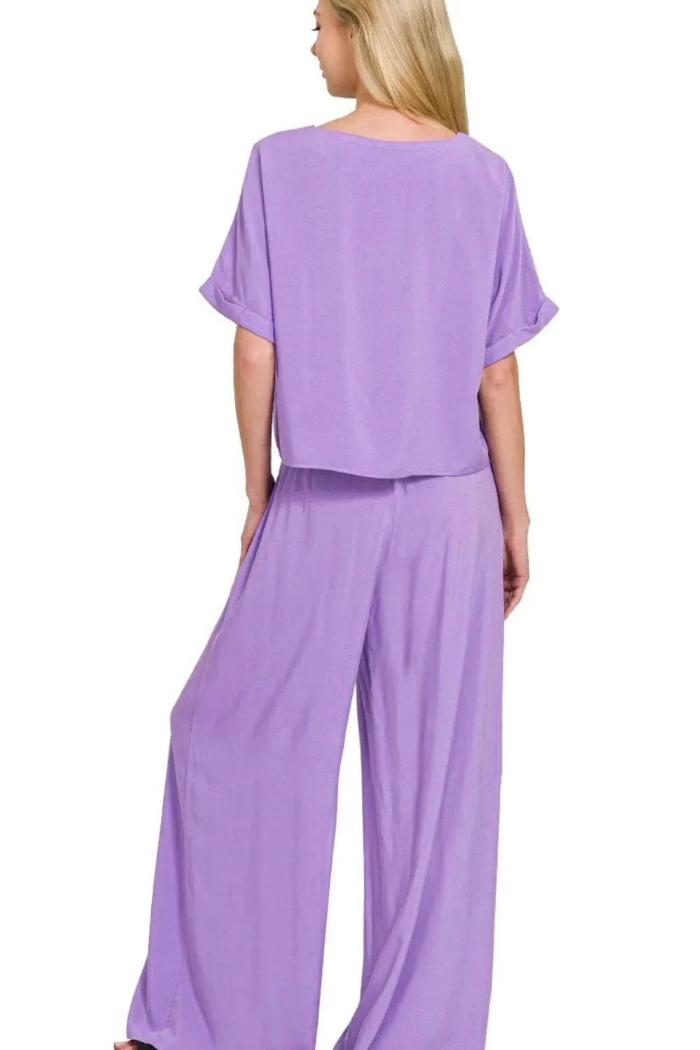 Zenana Round Neck T-Shirt and Wide Leg Pants Set - ShalayeFashion