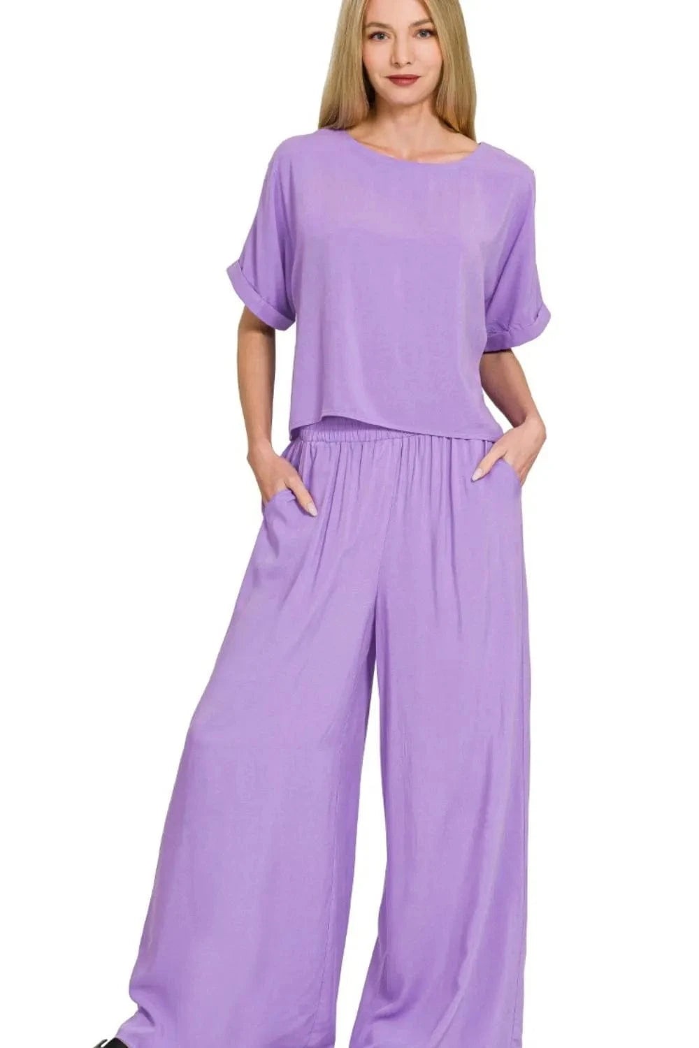 Zenana Round Neck T-Shirt and Wide Leg Pants Set - ShalayeFashion