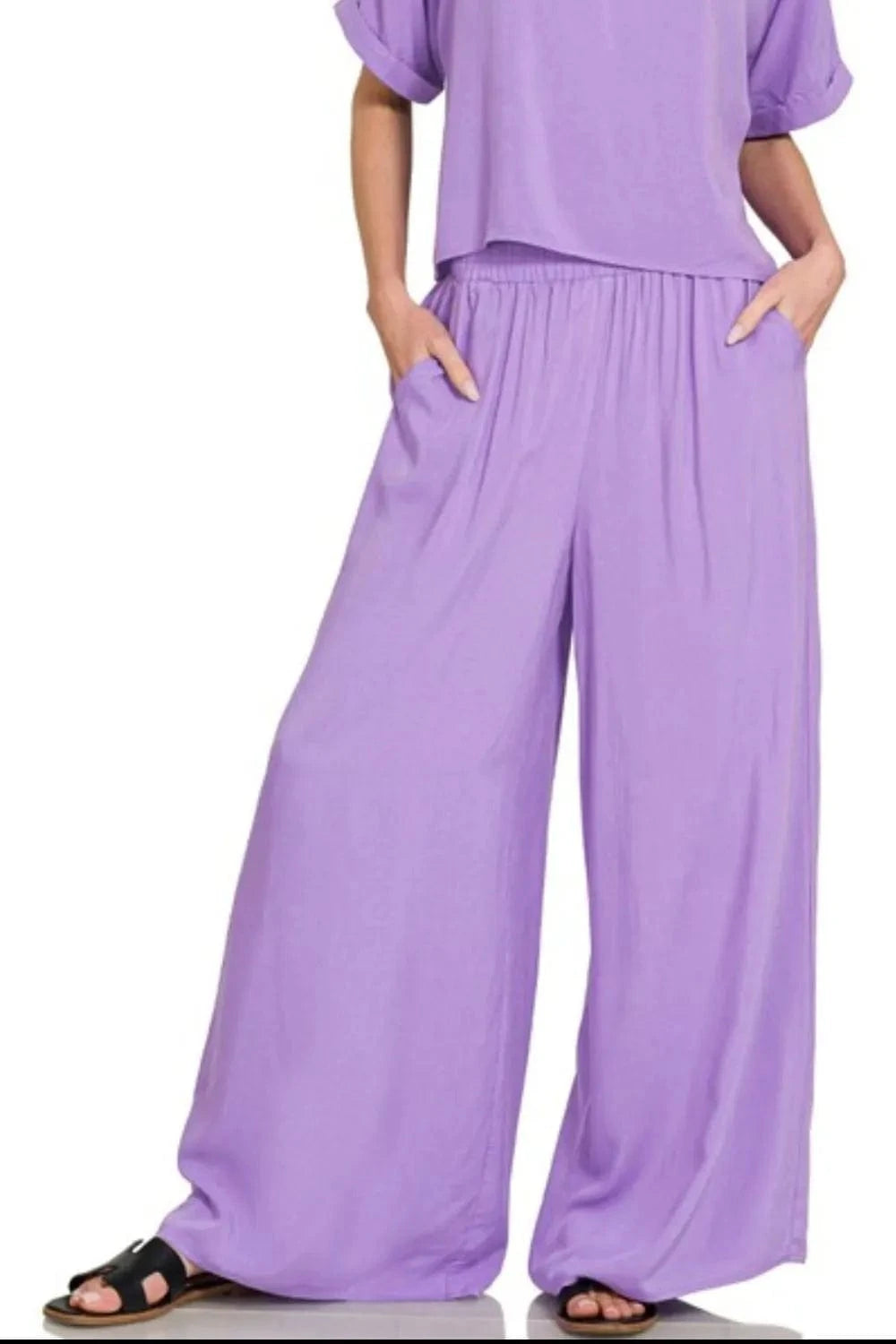 Zenana Round Neck T-Shirt and Wide Leg Pants Set - ShalayeFashion