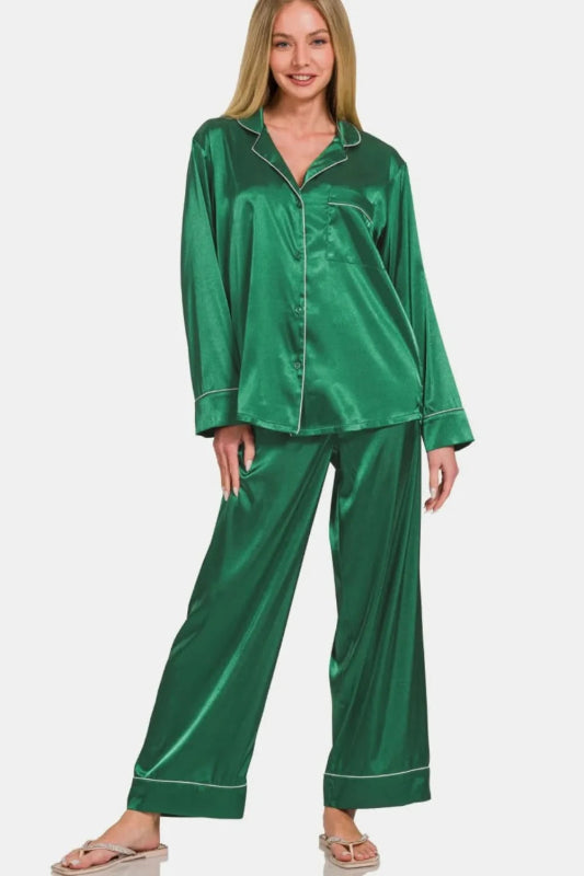 Zenana Satin Long Sleeve Shirt and Pants Pajama Set - ShalayeFashion