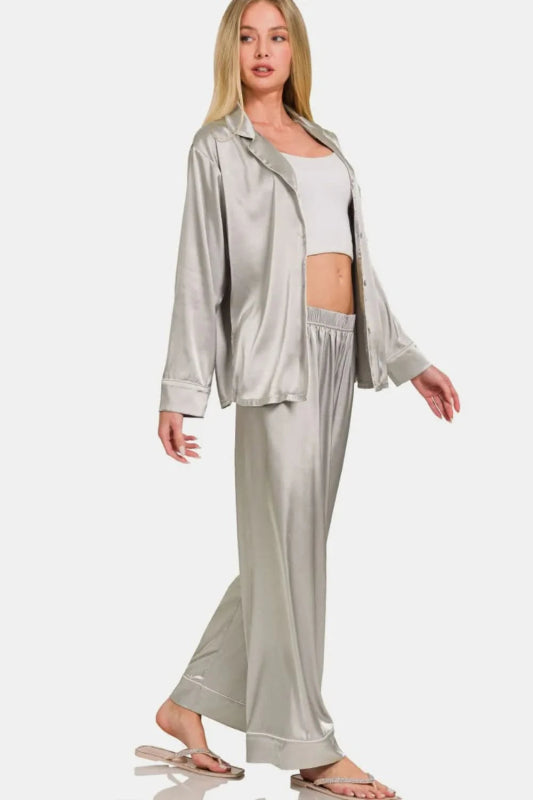 Zenana Satin Long Sleeve Shirt and Pants Pajama Set - ShalayeFashion