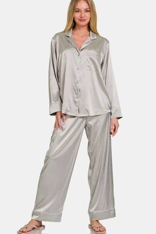 Zenana Satin Long Sleeve Shirt and Pants Pajama Set - ShalayeFashion
