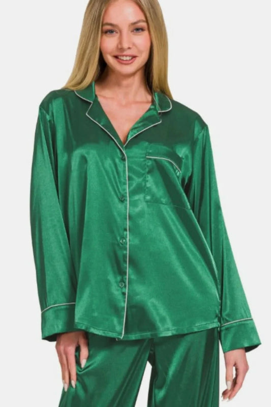 Zenana Satin Long Sleeve Shirt and Pants Pajama Set - ShalayeFashion