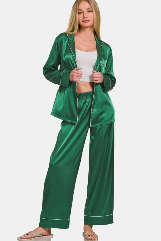 Zenana Satin Long Sleeve Shirt and Pants Pajama Set - ShalayeFashion