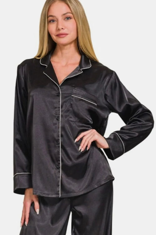 Zenana Satin Long Sleeve Shirt and Pants Pajama Set - ShalayeFashion