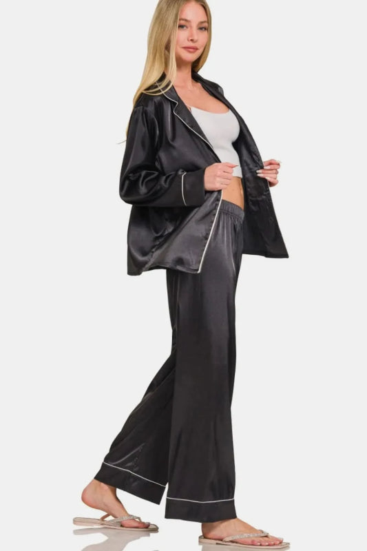 Zenana Satin Long Sleeve Shirt and Pants Pajama Set - ShalayeFashion