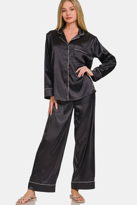 Zenana Satin Long Sleeve Shirt and Pants Pajama Set - ShalayeFashion