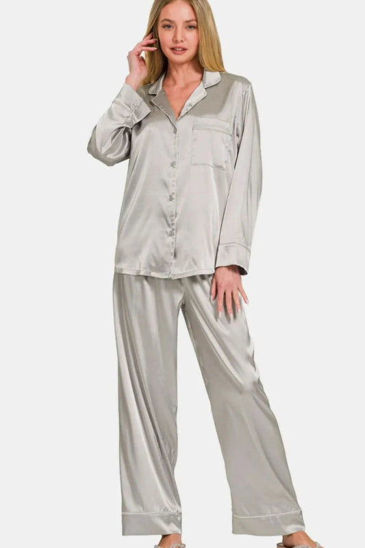 Zenana Satin Long Sleeve Shirt and Pants Pajama Set - ShalayeFashion
