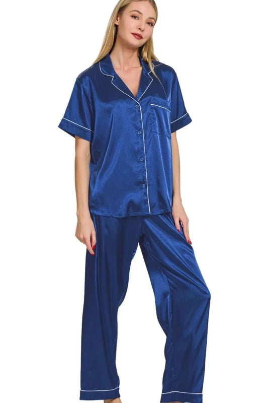 Zenana Satin Short Sleeve Top and Pants Pajama Set - ShalayeFashion