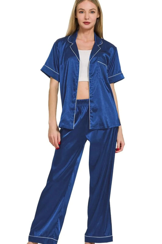 Zenana Satin Short Sleeve Top and Pants Pajama Set - ShalayeFashion