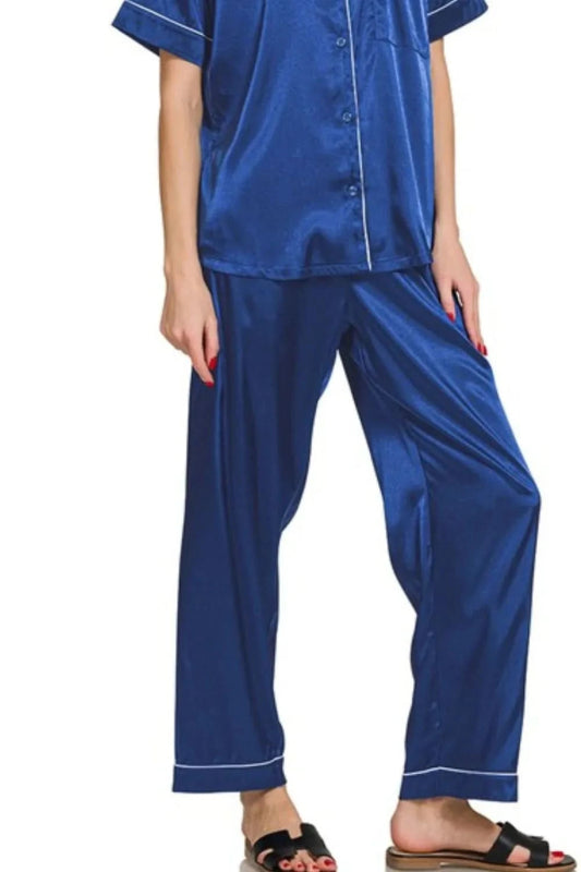 Zenana Satin Short Sleeve Top and Pants Pajama Set - ShalayeFashion