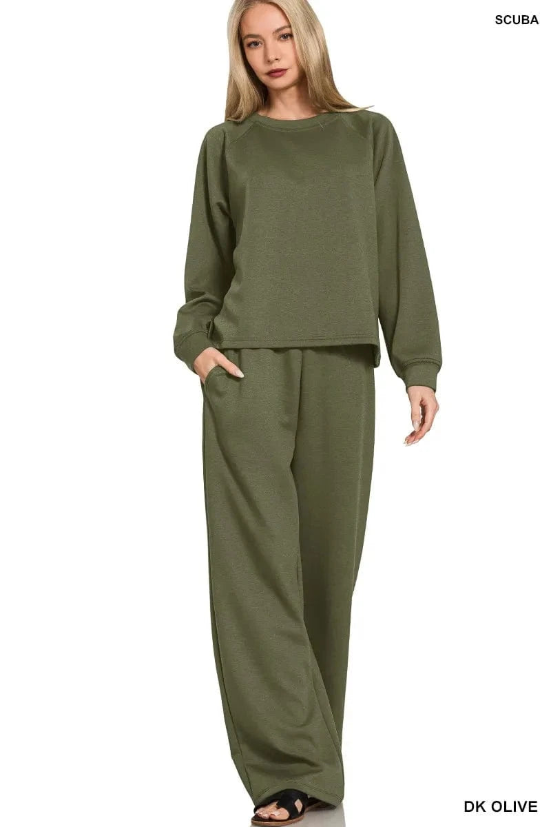 Zenana Scuba Crewneck Sweatshirt and Pants Set - ShalayeFashion
