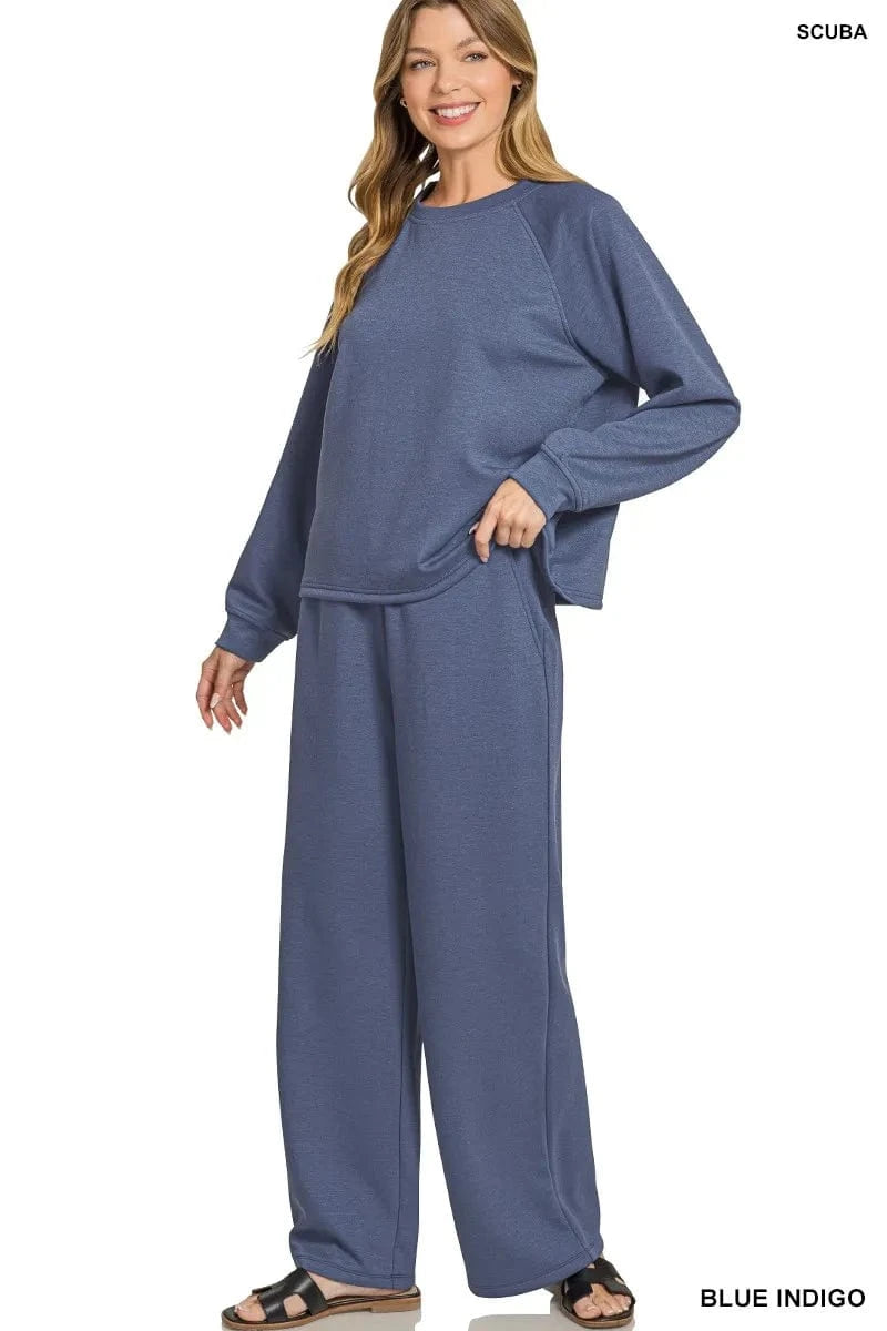 Zenana Scuba Crewneck Sweatshirt and Pants Set - ShalayeFashion