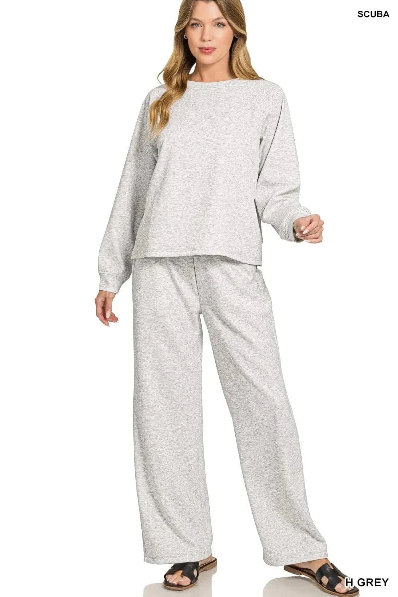 Zenana Scuba Crewneck Sweatshirt and Pants Set - ShalayeFashion