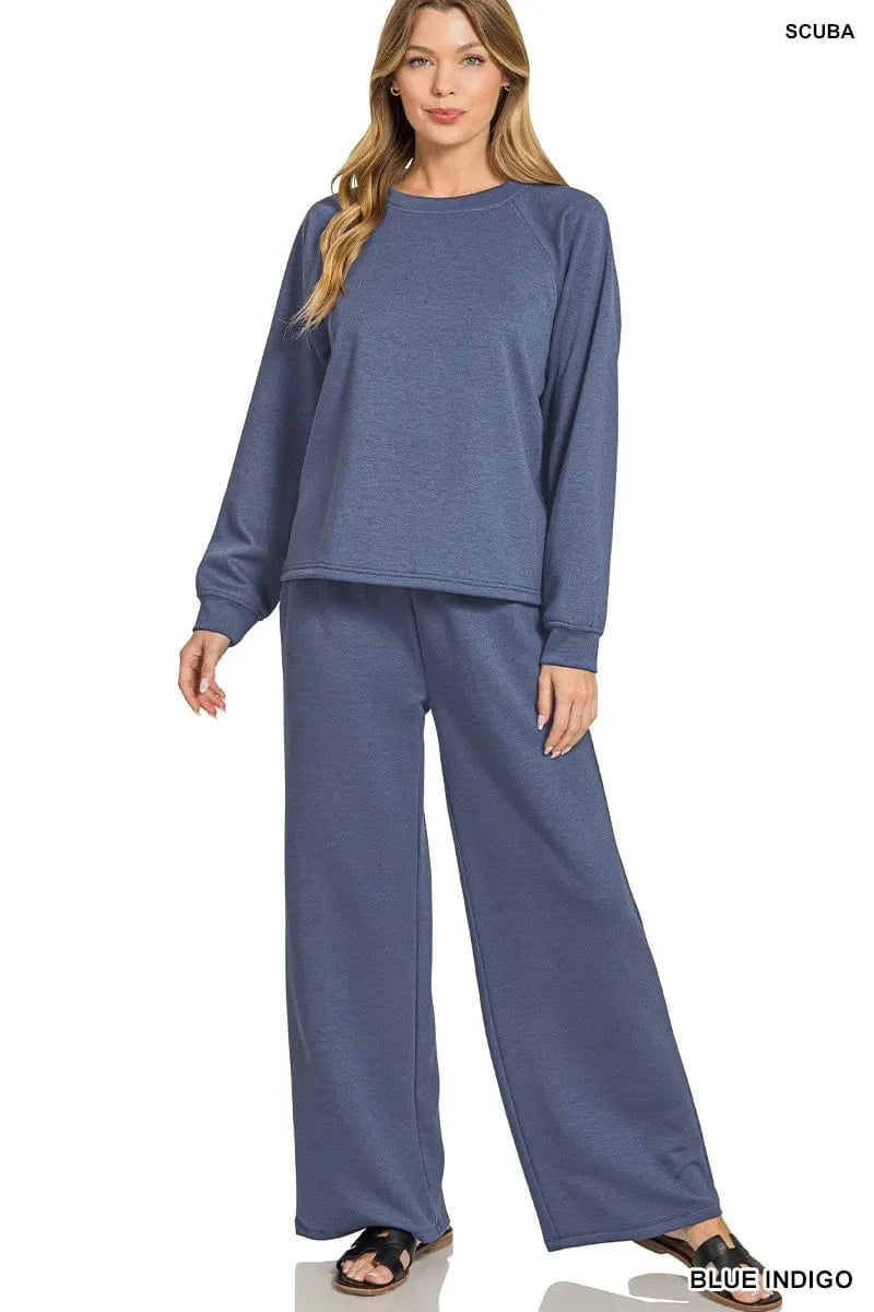 Zenana Scuba Crewneck Sweatshirt and Pants Set - ShalayeFashion