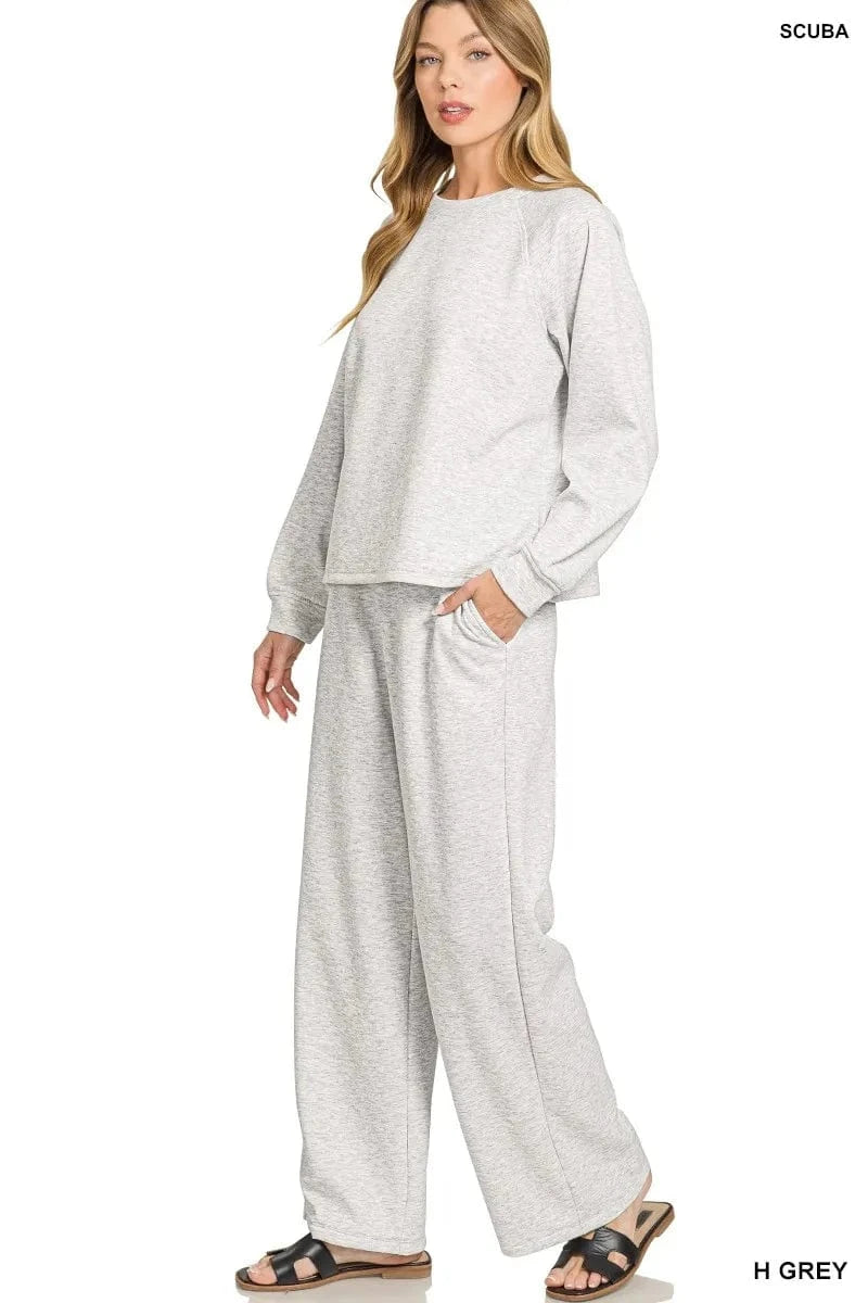 Zenana Scuba Crewneck Sweatshirt and Pants Set - ShalayeFashion