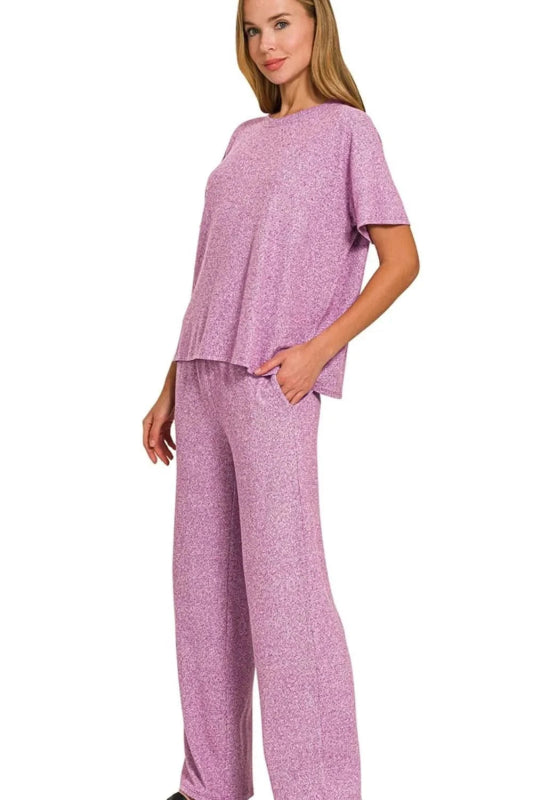 Zenana Soft Melange Short Sleeve Tee & Long Pants Set - ShalayeFashion
