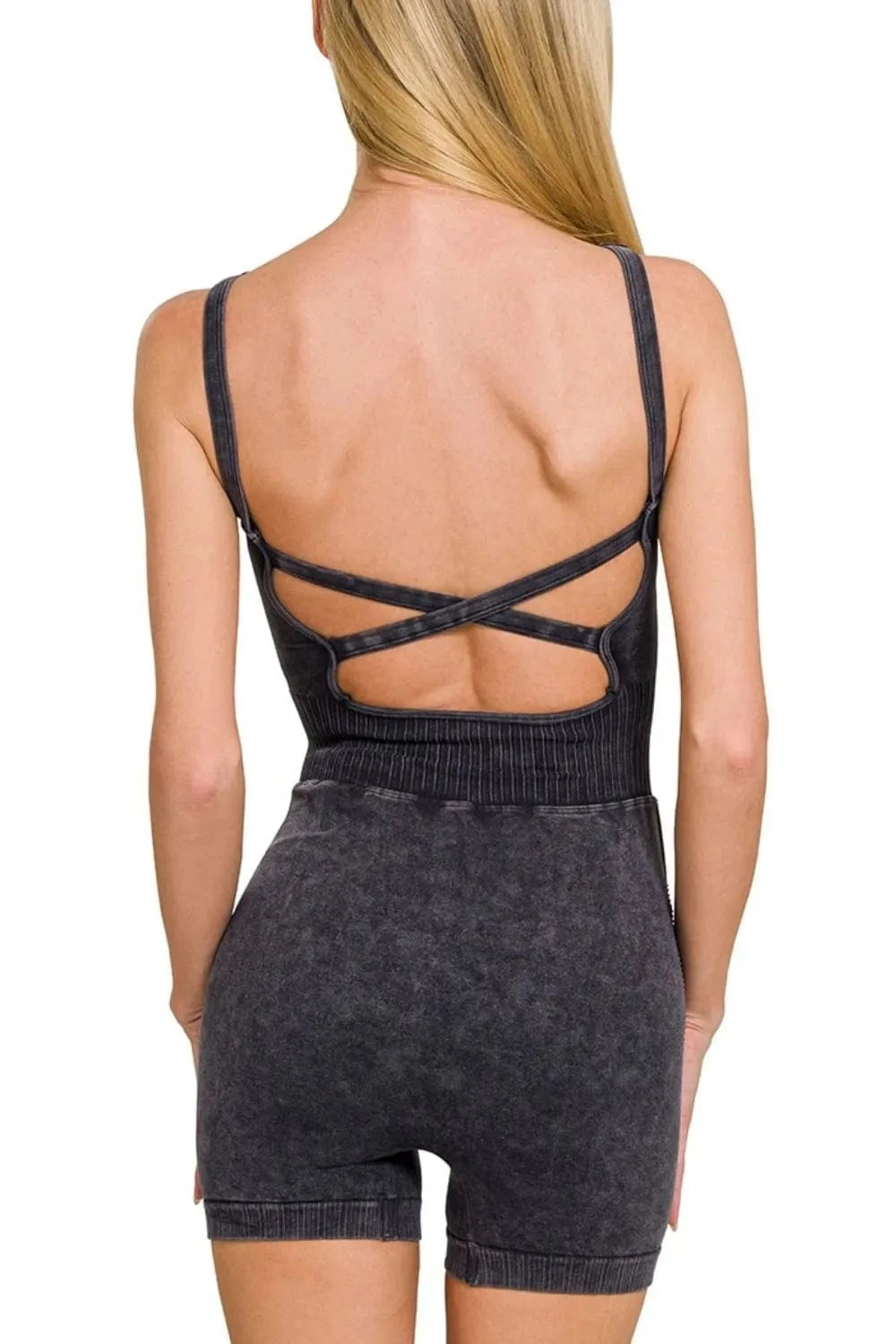 Zenana Washed Sports Romper With Removable Bra Pad - ShalayeFashion